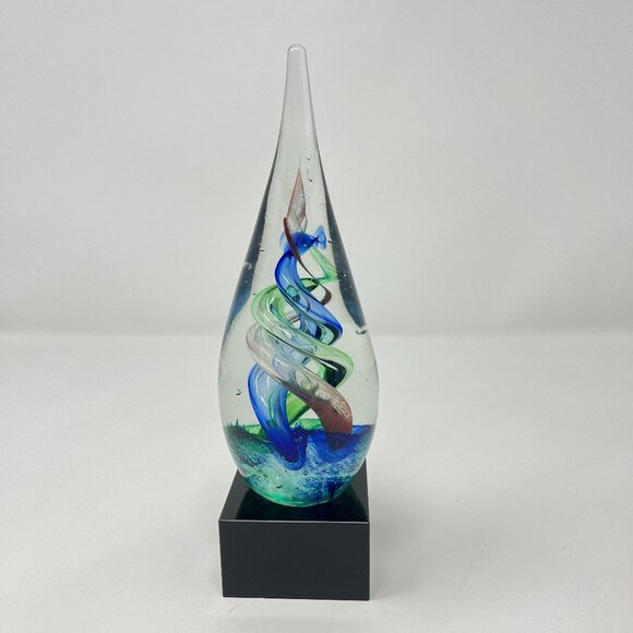Art Glass Teardrop Award Trophy Paperweight With Attached Black Glass Base - Picture 1 of 7